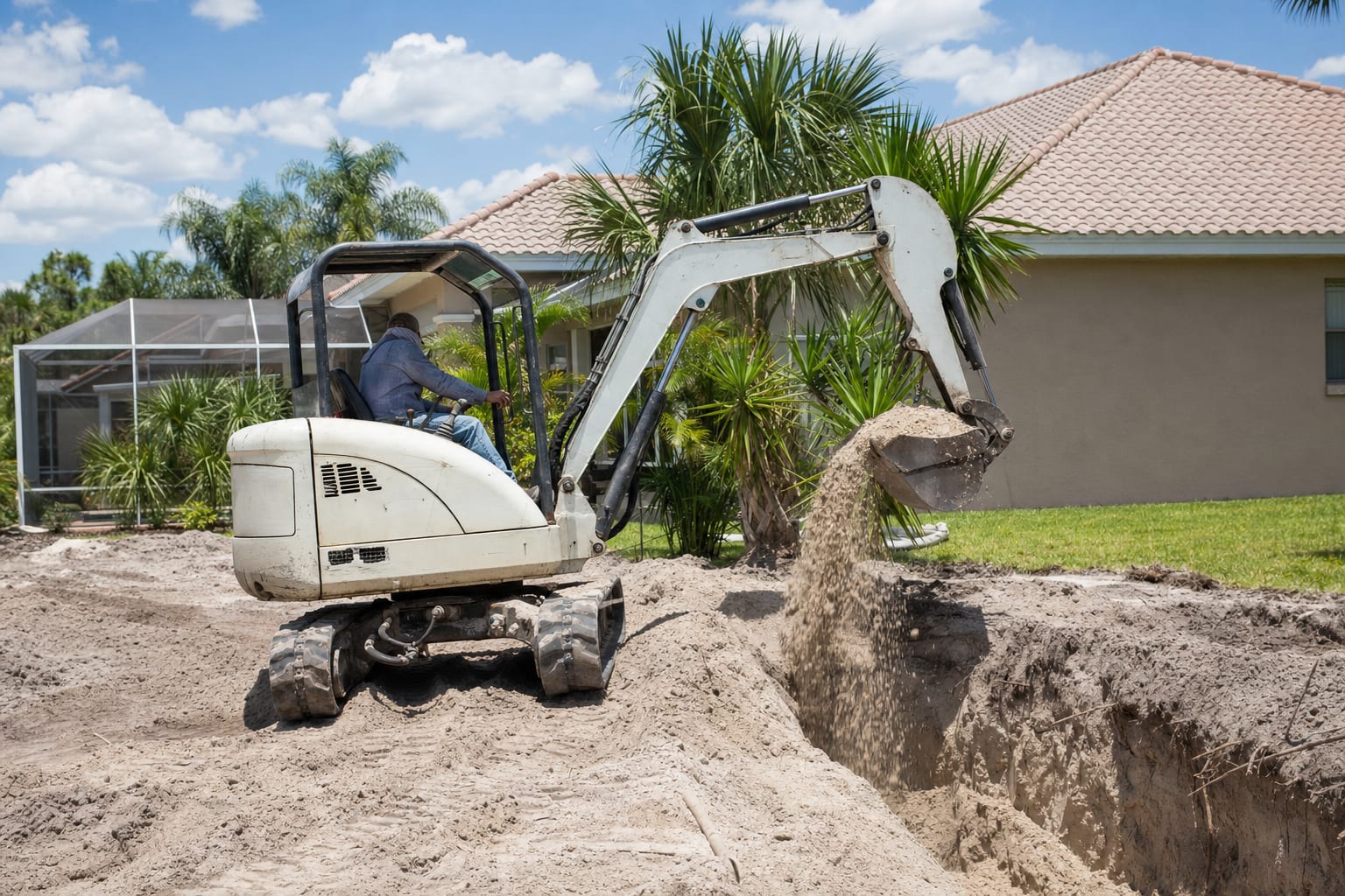Excavator opening a trench for a new septic system drainfield on a sandy Southwest Florida lot