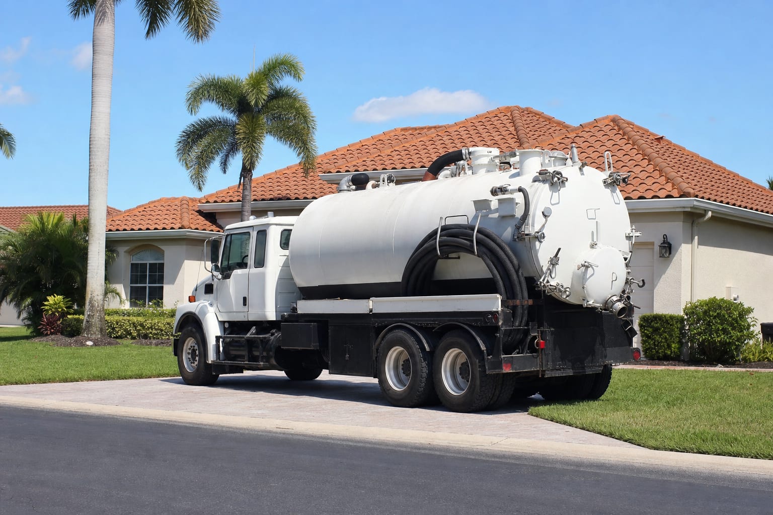 A septic vacuum truck pulling up to a residential property for an emergency pump-out